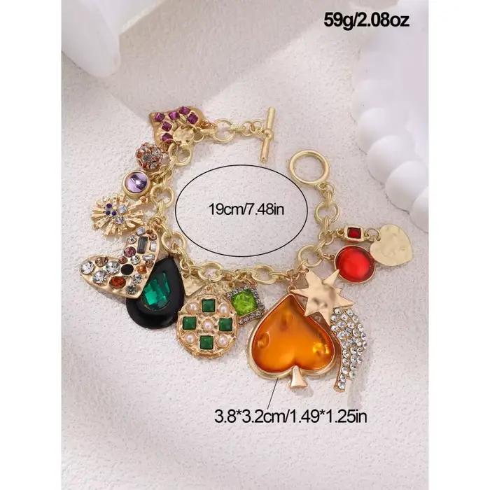 Bracelet à breloque cœur doré exagéré, orné de fleurs et de strass pour des bijoux de soirée élégants