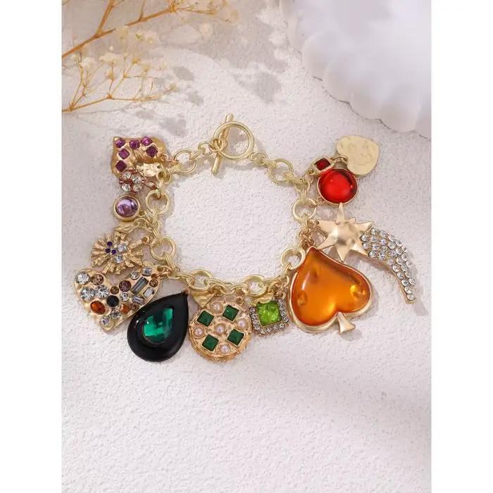 Bracelet à breloque cœur doré exagéré, orné de fleurs et de strass pour des bijoux de soirée élégants