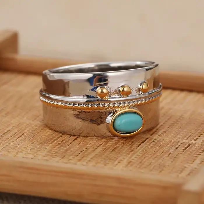 Bague polyvalente de style bohème incrustée de turquoise, bague ethnique vintage plaquée argent pour femme, bijoux de mode décontractés pour les fêtes
