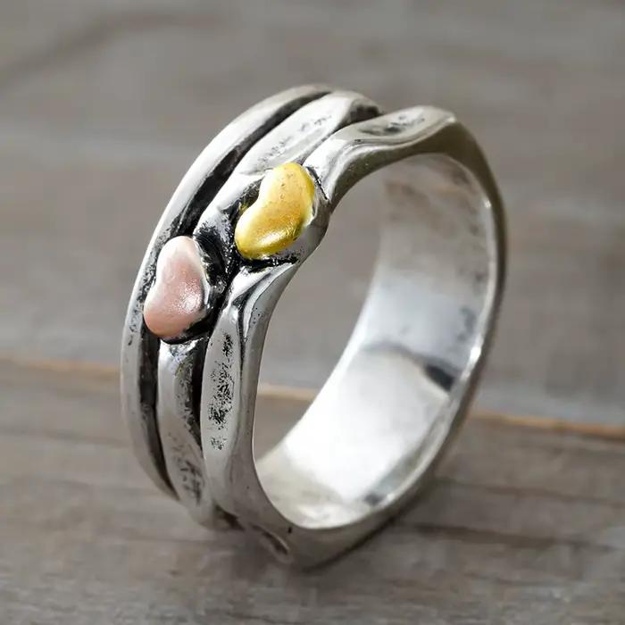 Bague double cœur Huitan pour femme, couleur argent antique, style vintage, bijoux hip-hop pour tous les jours et les fêtes, livraison directe