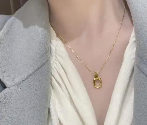 Pendentif Double anneau entièrement en or 999, collier géométrique Vintage 24K, bijoux Boutique pour femmes