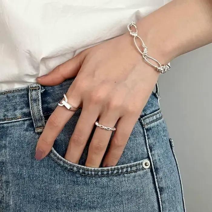 ANENJERY – bague géométrique pour femmes, anneau à ligne asymétrique lisse, Goden français, couleur argent, accessoires assortis