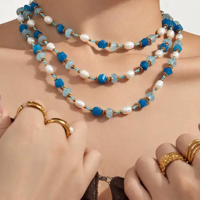 Colliers faits à la main avec perles d'eau douce, perles de pierre bleues facettées, collier pour femmes, plaqué or 18 carats, acier inoxydable