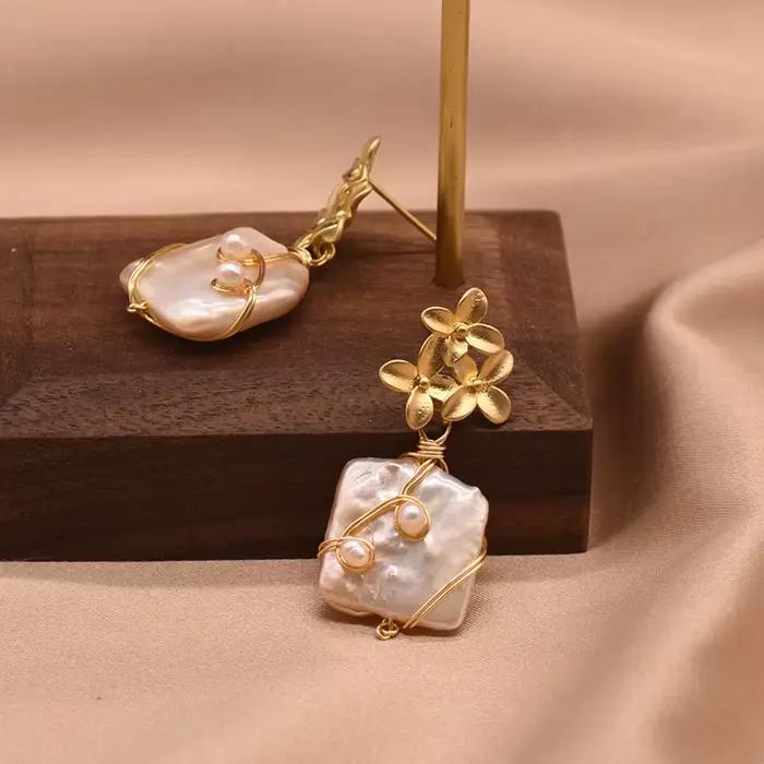 Boucles d'oreilles en perles carrées baroques naturelles, Design Original, fleurs faites à la main, bijoux fins pour femmes, GE0754