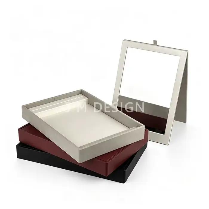 Plateau de présentation de bijoux avec couvercle miroir, support de rangement en velours pour boucles d'oreilles, bagues, colliers, bracelets, vitrine de bijouterie