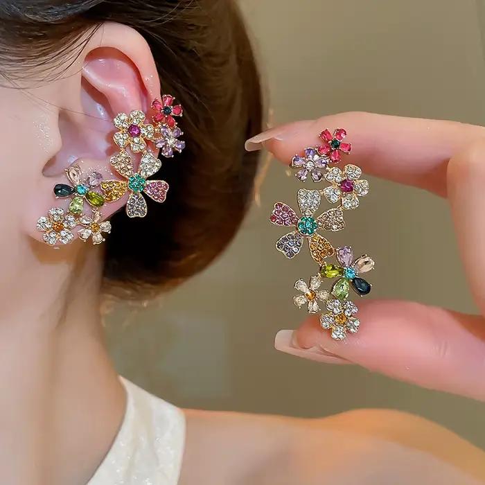 Boucles d'oreilles en Zircon exquises pour femmes, clips d'oreilles à fleurs en strass colorés, sans trous dans les oreilles, cadeau pour fête de mariage