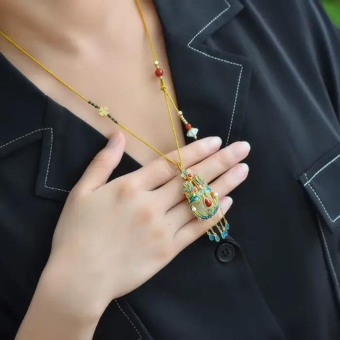 Collier à pampilles en jade naturel Hetian, pendentif de luxe, style court, chaînes glamour vintage, bijoux de mariage pour femmes
