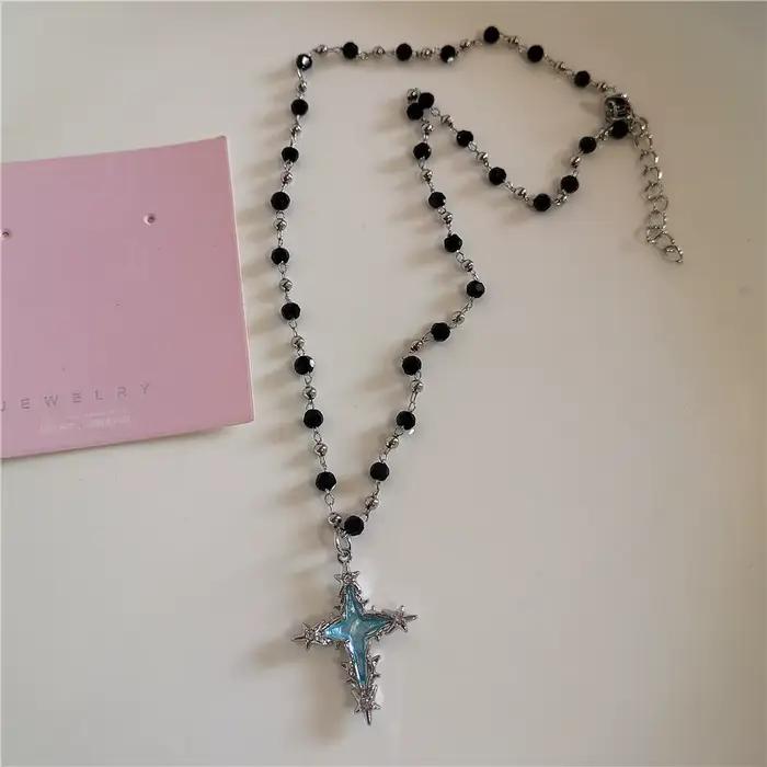Collier gothique avec pendentif croix bleue, chaîne de couleur argent pour femmes et hommes, breloques Punk Y2K, accessoires bijoux Hip Hop