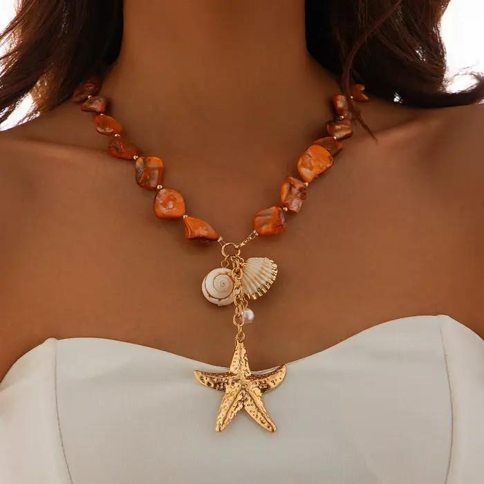 Lacteo bohême Orange géométrique pierre chaîne collier élégant pour les femmes couleur or épais étoile pendentif océan plage bijoux