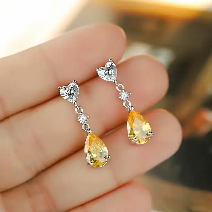 Boucles d'oreilles en topaze en forme de cœur en argent véritable S925, design de niche, pendentif en forme de goutte, bijoux de tempérament polyvalents