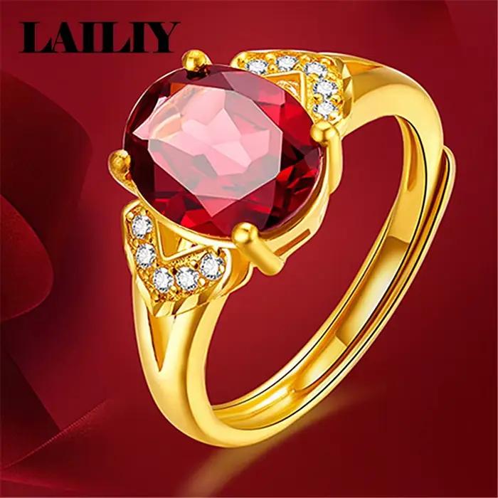 LAILIY Bague ajustable en argent sterling 925 plaqué or 18 carats avec rubis pour femme, bijoux tendance