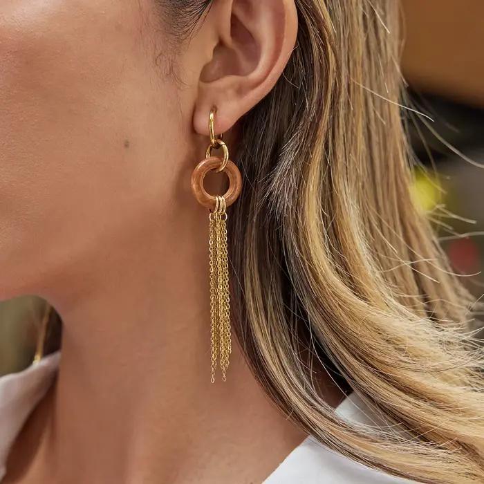 Uworld Boucles d'oreilles vintage à double boucle en bois avec pompon pour femme, en acier inoxydable plaqué or PVD, bijoux de mode pour femme, cadeaux 2026