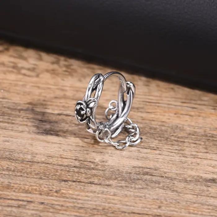 Boucles d'oreilles roses gothiques pour hommes et garçons, boucles d'oreilles créoles en forme de fleur avec pompon en pierre CZ noire, cadeau de bijoux punk