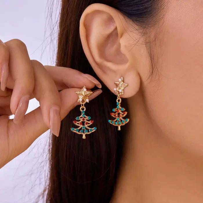 Boucles d'oreilles de Noël tendance et mignonnes pour femmes, avec strass colorés brillants, motif sapin de Noël, nœud et couronne, bijoux de fête du Nouvel An