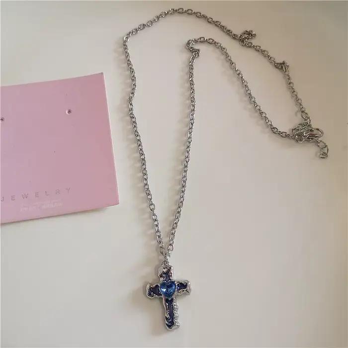 Collier gothique avec pendentif croix bleue, chaîne de couleur argent pour femmes et hommes, breloques Punk Y2K, accessoires bijoux Hip Hop