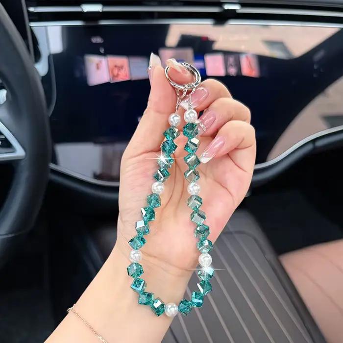 Cordon de téléphone perlé en cristal irisé et scintillant, élégant bracelet de poignet en perles, porte-clés, breloque de sac, bijou de style INS, cadeau