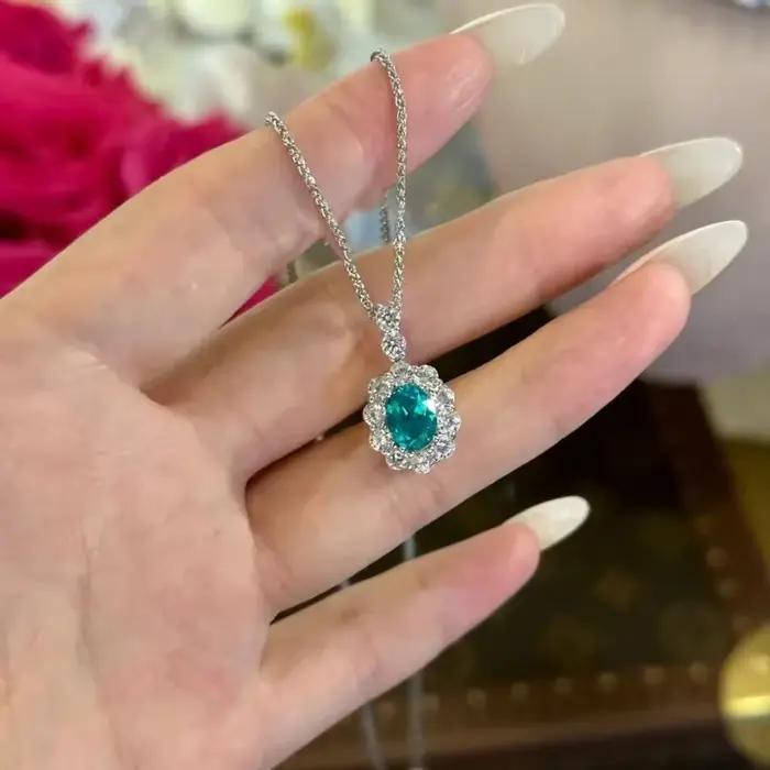 Pendentif en pierres précieuses incrustées de diamants en argent 925 pour femme, collier Paraiba brillant, bijoux exquis, mode rétro, luxe, bleu-vert