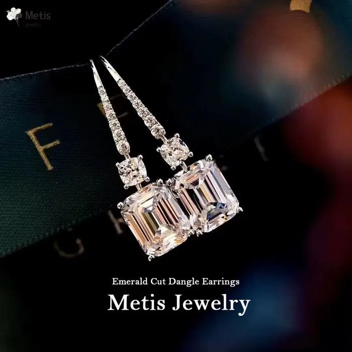 Boucles d'oreilles pendantes en or blanc avec diamant à haute teneur en carbone et pierre précieuse en argent sterling 925, taille émeraude, bijoux fins, cadeau, vente en gros