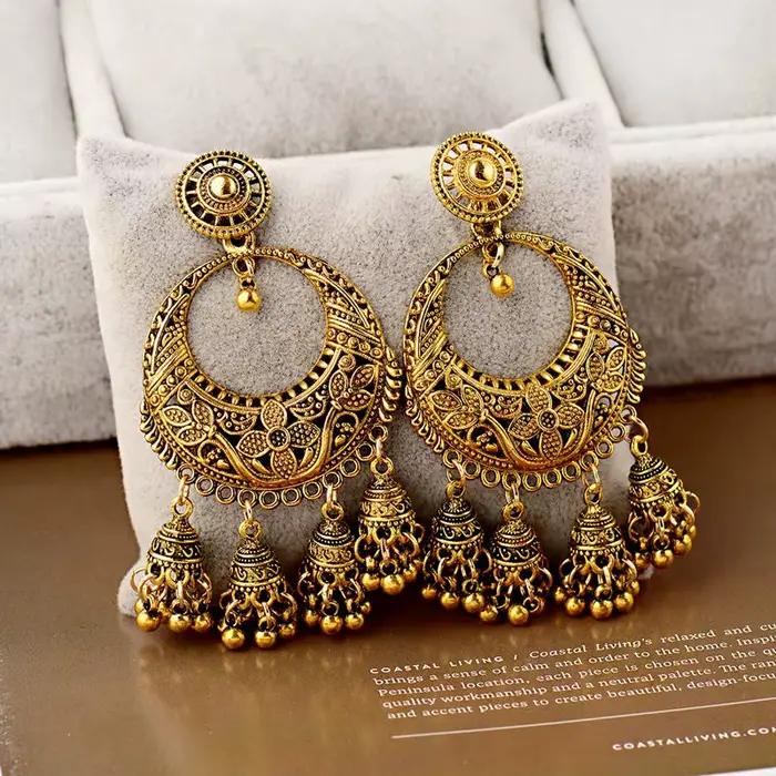 Boucles d'oreilles ethniques sculptées couleur or Jhumka Jhumki, style Boho, cloche de fleur ronde, pompon, goutte d'eau pour femmes, bijoux indiens à la mode