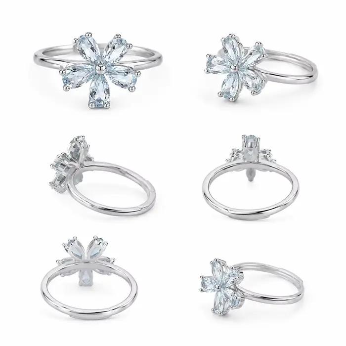 Bague Fleur Topaze Bleue Ciel ITSMOS, Pierre Précieuse Taille Marquise, Grappe Florale Empilable, Bijou Élégant Pastel d'Été pour Femme