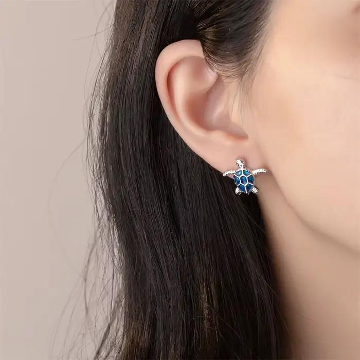 Boucles d'oreilles tortue Animal mignon pour femmes, couleur argent, bleu, rouge, émail, résine, bijoux de fête, de plage