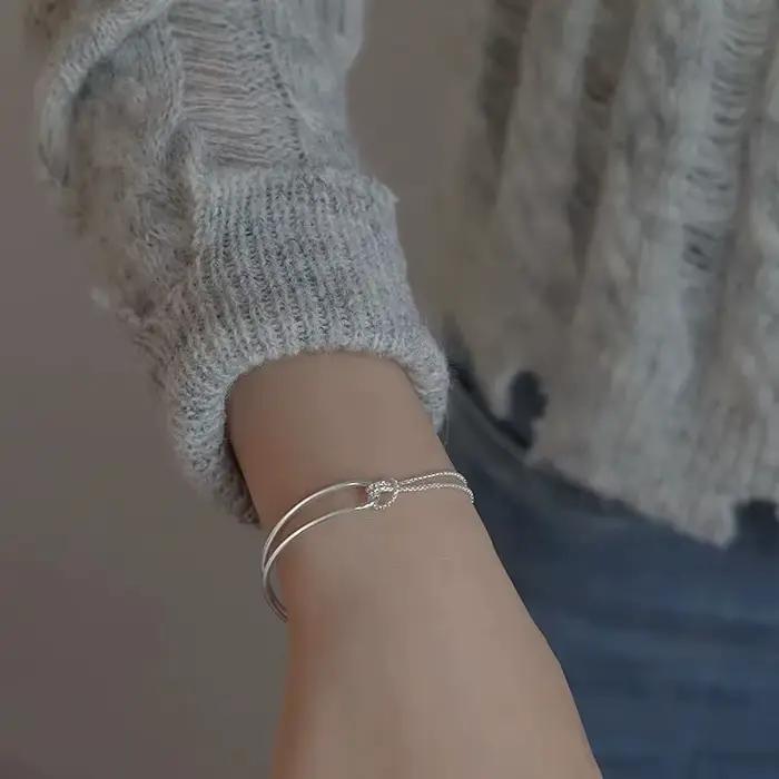 Bracelet double couche en argent sterling 925 pour femmes et filles, élégant, avec nœud irrégulier, design minimaliste, bijoux de fête, cadeaux