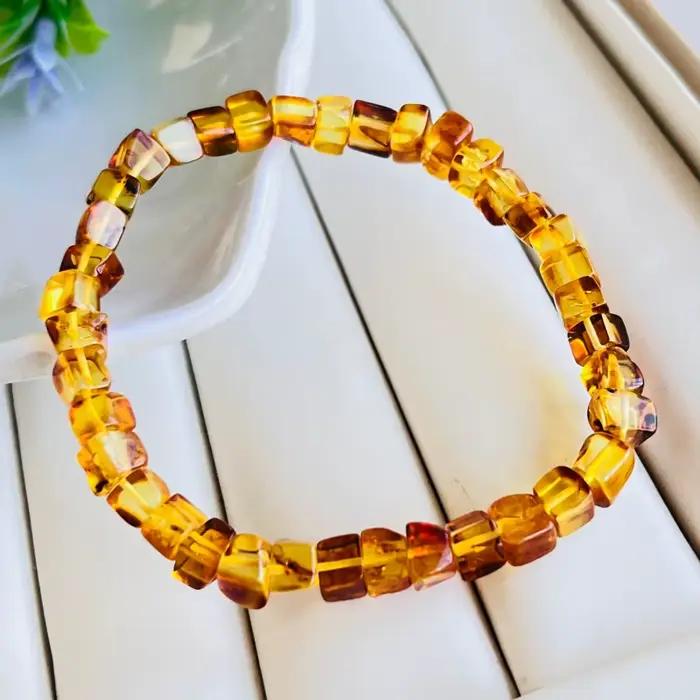 Bracelet en ambre naturel pour femmes, pierres précieuses de guérison, bijoux fins, véritable ambre baltique, fleur, perles carrées