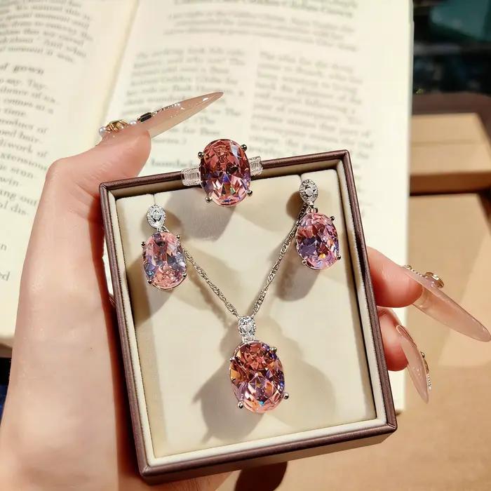 Ensemble haut de gamme en argent sterling 925 bleu royal, pendentif luxueux entièrement serti de diamants, bague ouverte, boucles d'oreilles en diamant rose et pierres précieuses colorées