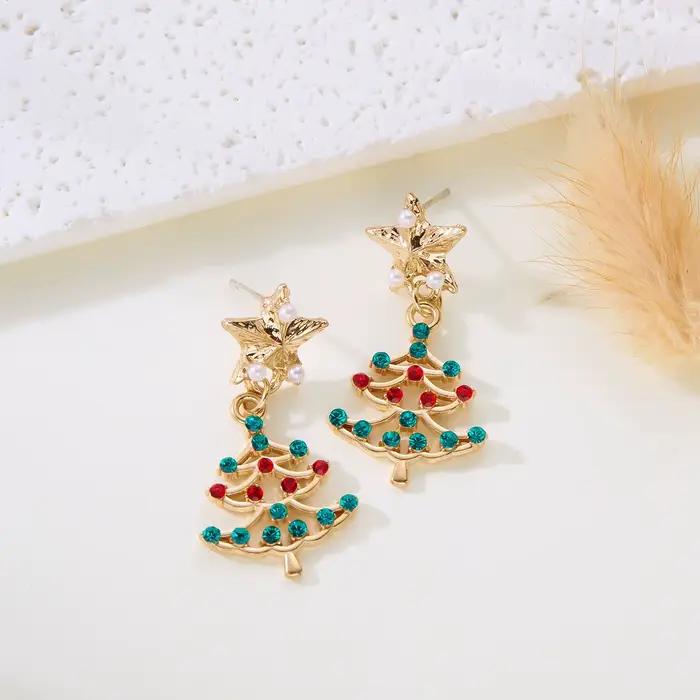 Boucles d'oreilles de Noël tendance et mignonnes pour femmes, avec strass colorés brillants, motif sapin de Noël, nœud et couronne, bijoux de fête du Nouvel An