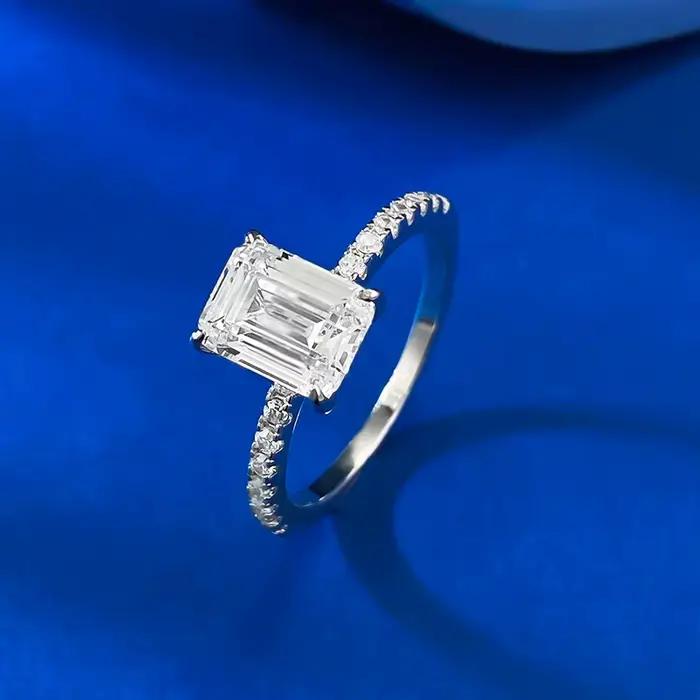 Wong Rain – bague de fiançailles en argent sterling 925, 6x8 MM, saphir taillé émeraude, diamants à haute teneur en carbone, pierres précieuses, bijoux fins