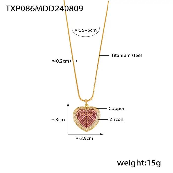 Ensemble Collier et Bague Tendance en Acier Inoxydable Plaqué Or avec Pendentif Cœur en Zircon Rose Rouge pour Femme, Bijoux de Mode Charmants, Vente en Gros