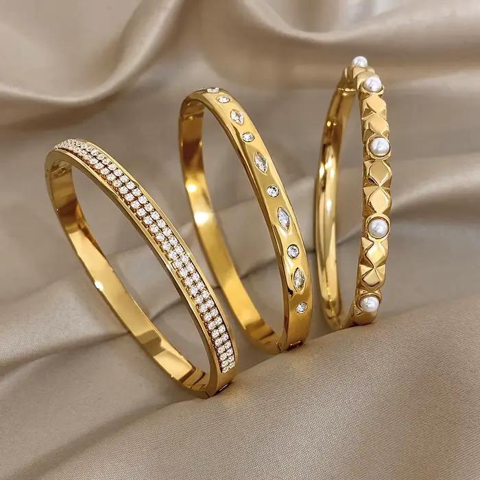 Greatera – Bracelet ovale en strass doré, à la mode, deux rangées de diamants incrustés de perles en acier inoxydable pour femmes, nouveau