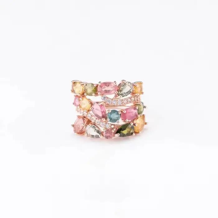 Ensemble de bracelet et bague en zircon multicolores de couleur or rose luxueux pour femmes et filles, accessoire de mariage élégant