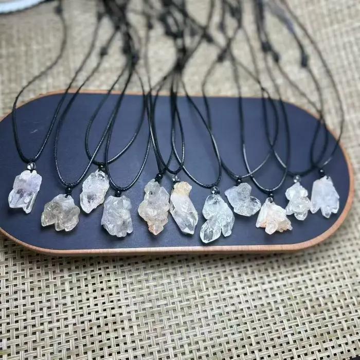 Nouveautés : Pendentif Collier en Cristal de Diamant Herkimer Naturel Brut, avec Cordon en Cuir Fait Main, pour Cadeau