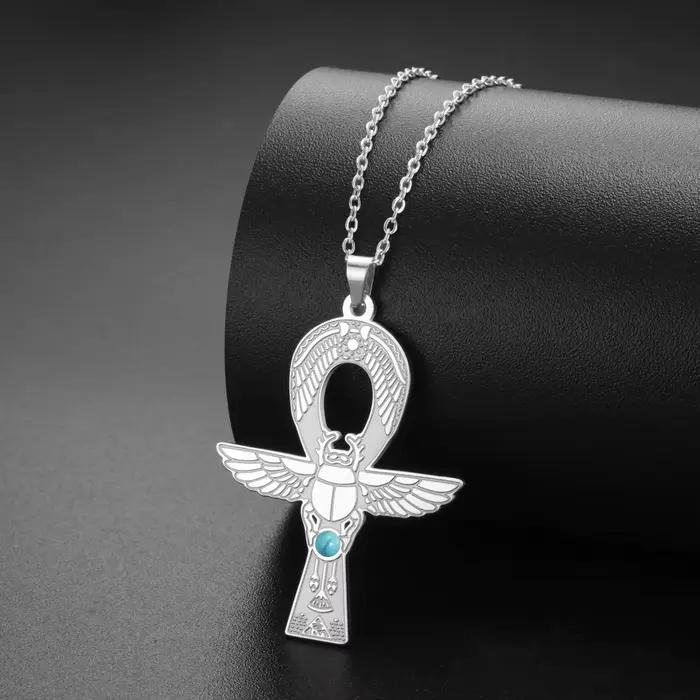 Kkjoy Collier Scarabée Croix Ankh Égyptienne Ancienne en Acier Inoxydable avec Incrustation de Turquoise, Pendentif Symbole Mystique, Bijoux Or et Argent