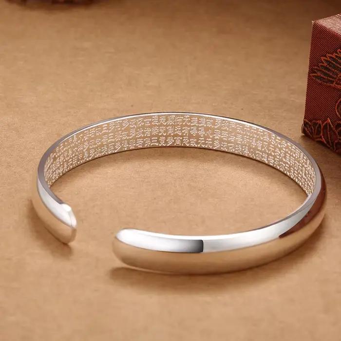 Bracelet en argent brillant motif Cœur Sutra, Bracelet ouvert en argent brillant simple et tendance, Bijou de main