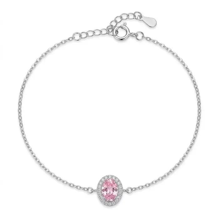 Bracelet en argent Sterling 925, ovale, rose, zircone cubique, Halo, chaîne fine réglable, pour femmes, bijoux élégants pour tous les jours, cadeau