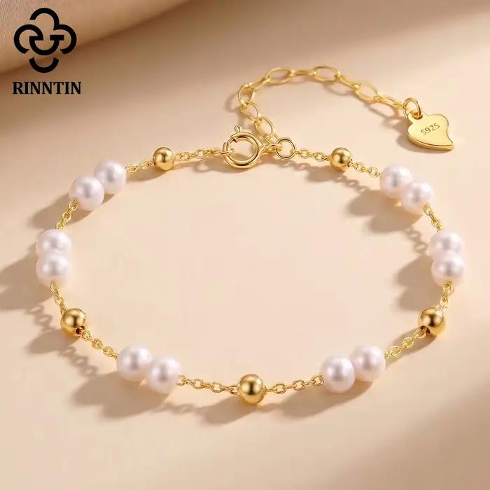 Bracelet chaîne de perles en or 14 carats et argent sterling 925 Rinntin Rerto, bracelet de perles pour femme, bijoux de fête GPB40