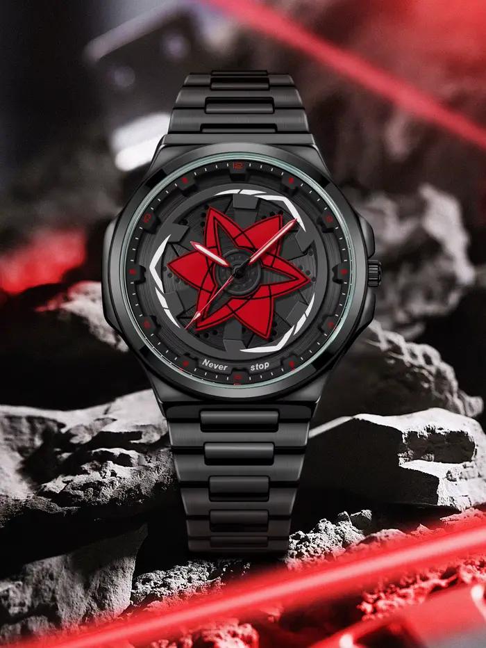 Montre à bracelet en acier pour hommes – Style Cool noir, cadran tendance rotatif, cadeau de vacances créatif