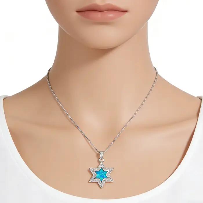 Collier étoile de David, pendentif minimaliste délicat avec opale bleue et CZ, cadeau de bijoux unique pour femmes, bijoux juifs couleur argent