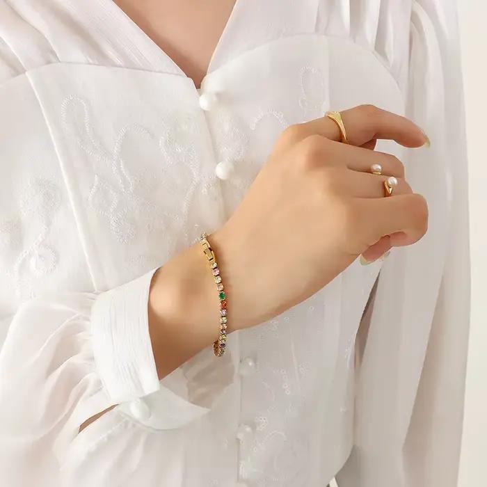 Bracelet en Zircon, Bracelet en Pierres Colorées, Bijoux en Acier Inoxydable Tendance, Accessoires de Mode Personnalisés, Cadeaux de Bijoux Glamour pour Femmes