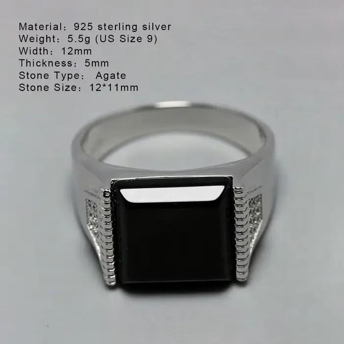 Argent massif 925 hommes anneaux minimaliste turc anneaux pour hommes noir carré pierre naturelle turquie mâle bijoux Bague Homme