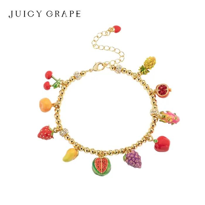 Bracelet plaqué or véritable 18 carats avec fruits émaillés, raisin juteux, Harvey, ananas, neutre d'eau, pomme, raisin, orange, cadeaux