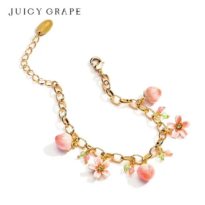 JUICY GRAPE-Bracelet Pêche pour Femme, Bijoux Originaux, Doux et Mignon, Fruit Pêche et Fleur de Pêcher, Style Français, Été