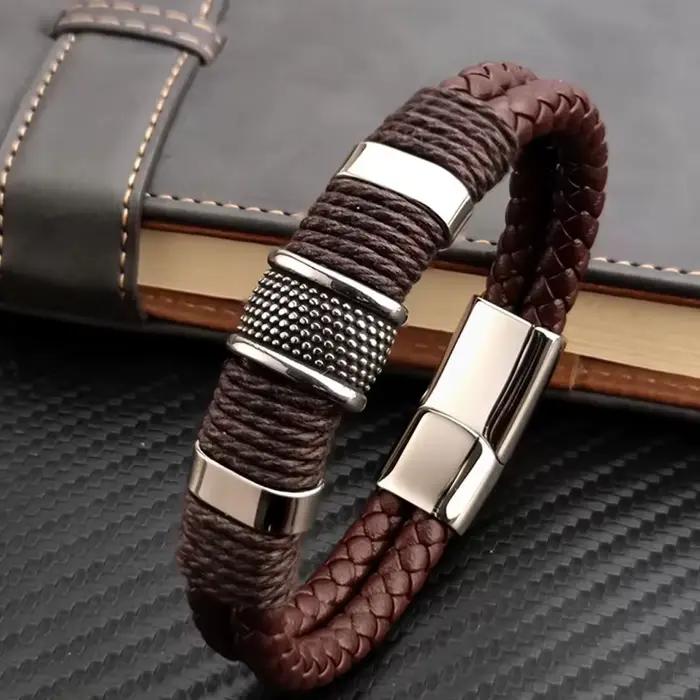 Bracelet à breloques vintage multicouche en cuir véritable marron pour femmes occasions formelles et cadeau spécial