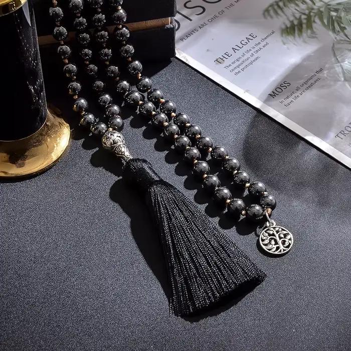Collier noué en hématite noire de 8 mm, 108 perles, Mala de méditation, bijoux de bénédiction pour le yoga, pour hommes et femmes, Japamala, chapelet