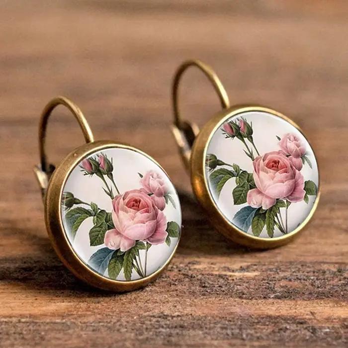 Boucles d'oreilles Vintage en grappe de fleurs, rondes rétro, Bronze Antique, dôme en verre, bijoux pour femmes