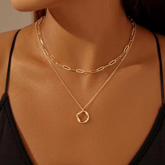 Colliers en or superposés pour femmes, empilables, plaqué or 14 carats, argent, cercle, trombone, chaîne, pendentif, ras du cou, ensemble pour femmes