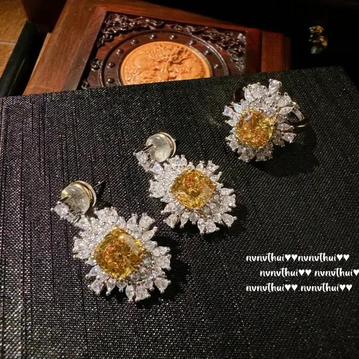 Ensemble de bijoux de mariage en diamant écrasé, coupe princesse, tempérament de luxe, plaqué or blanc 14K, bague redimensionnable, boucles d'oreilles, cadeaux, 3 pièces/ensemble