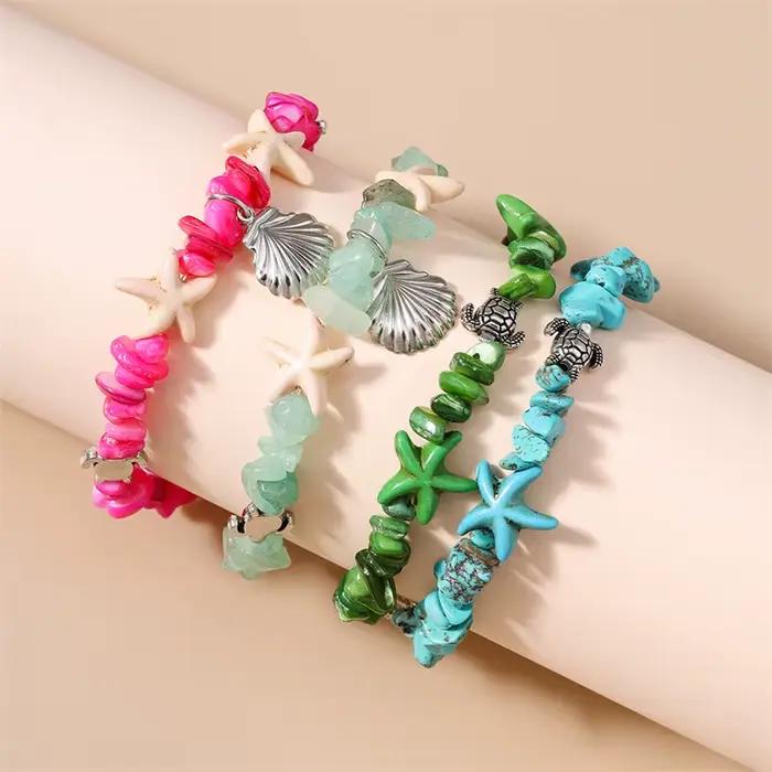 Bracelet Bohème Fait Main avec Perles pour Femme, Breloques Coquillages et Étoiles de Mer, Bijoux d'Été pour Filles, Cadeaux de Vacances à la Plage